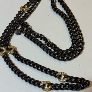 Stella & Dot Gunmetal Cuban Link Necklace Chain Long Gold Pave Rhinestone 32”